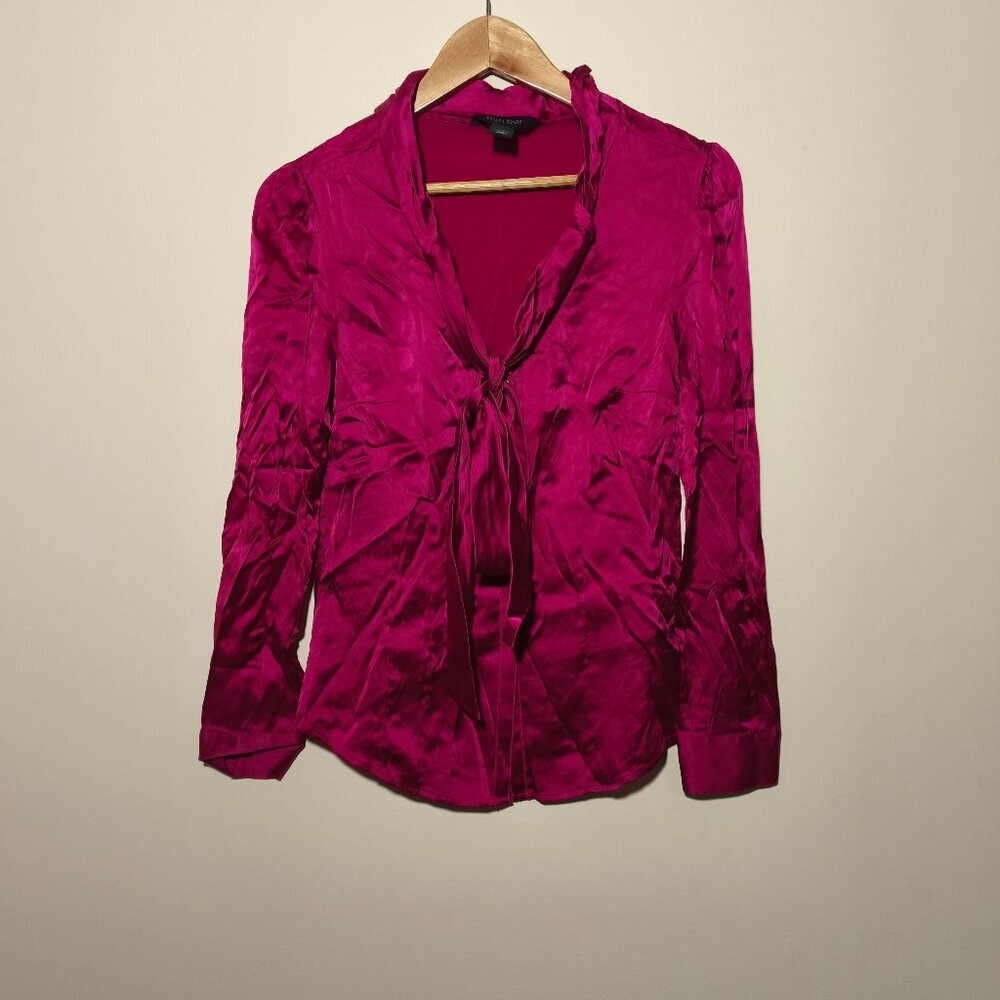 WHBM Stretch Silk Satin Button Down Tie Front Blouse sz 4 Pink Raspberry